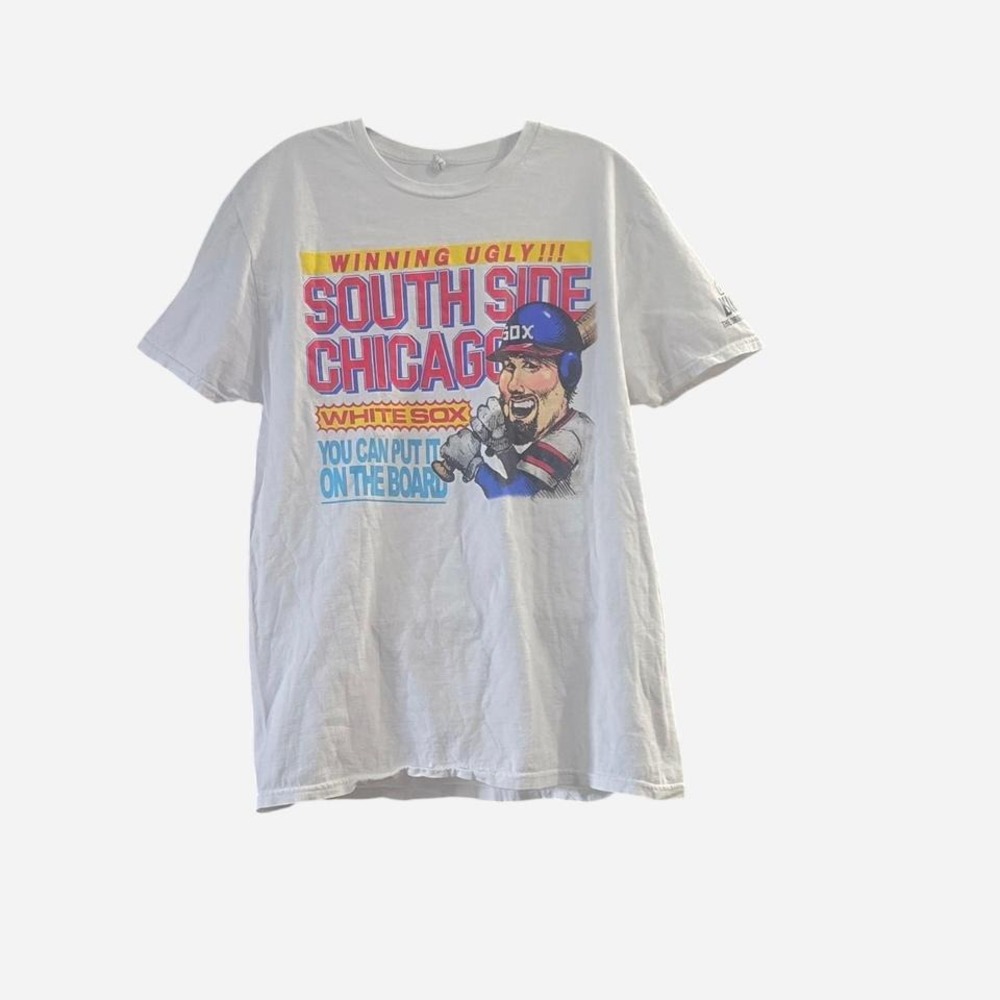 mens white graphic southside chicago funny baseball tee‎ size medium
